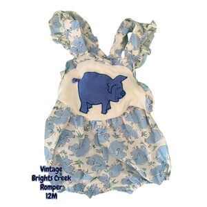 Vintage Brights Creek Blue Pig Print Baby Farm Outfit Romper- Size 12M 🐷 💙